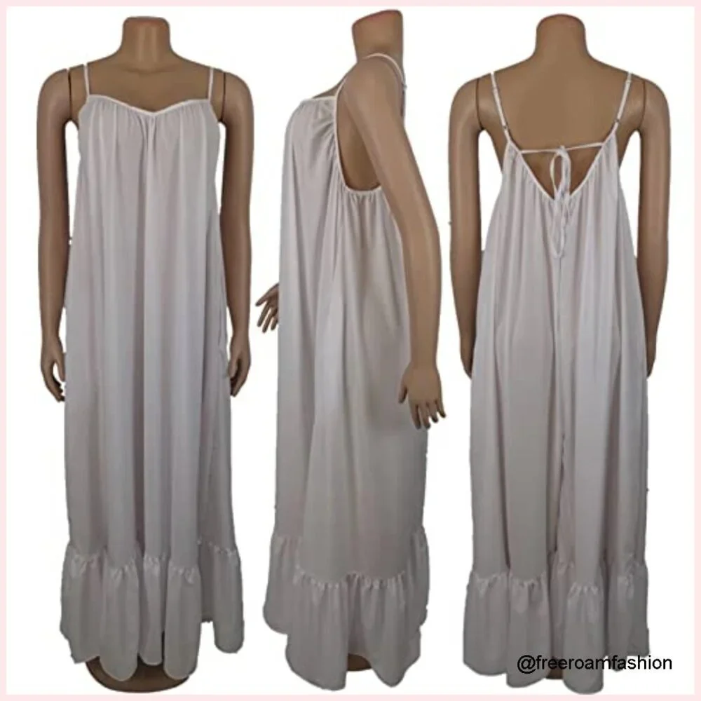 Spaghetti Strap Maxi Dress with Pockets Ruched Ruffle Hem Loose Fit